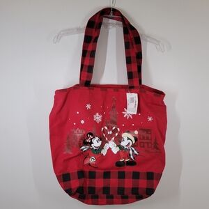 Disney Parks Mickey Minnie Mouse Red Plaid Canvas Holiday Christmas Zip Tote Bag